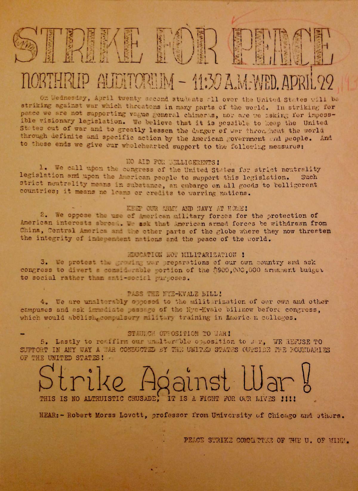 Strike for Peace flyer.